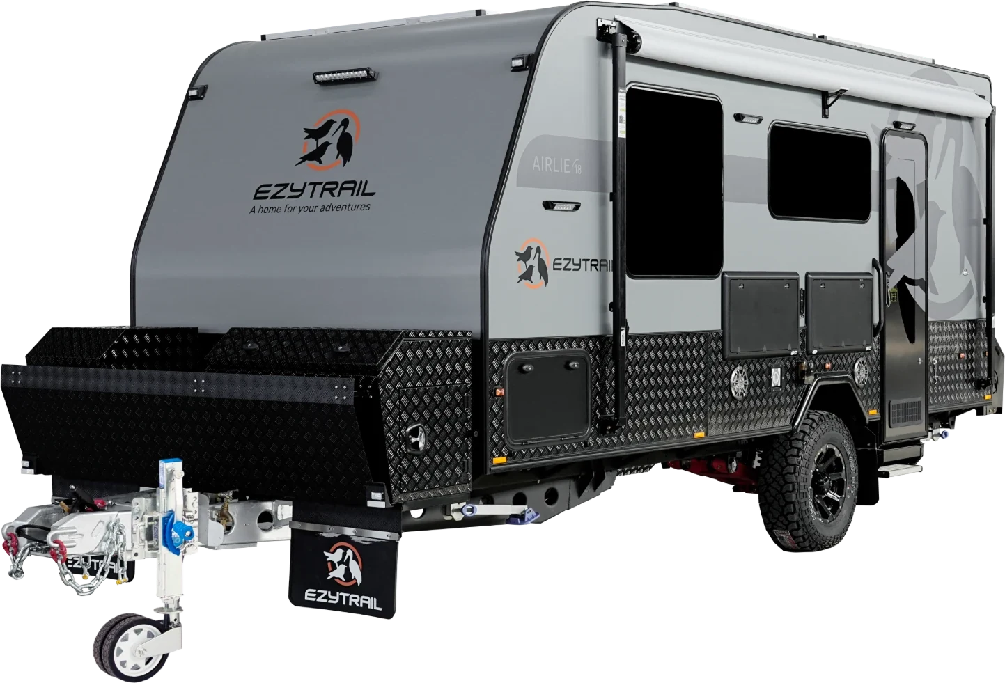 Ezytrail Airlie 18 caravan, side view, with the parts you can buy for it